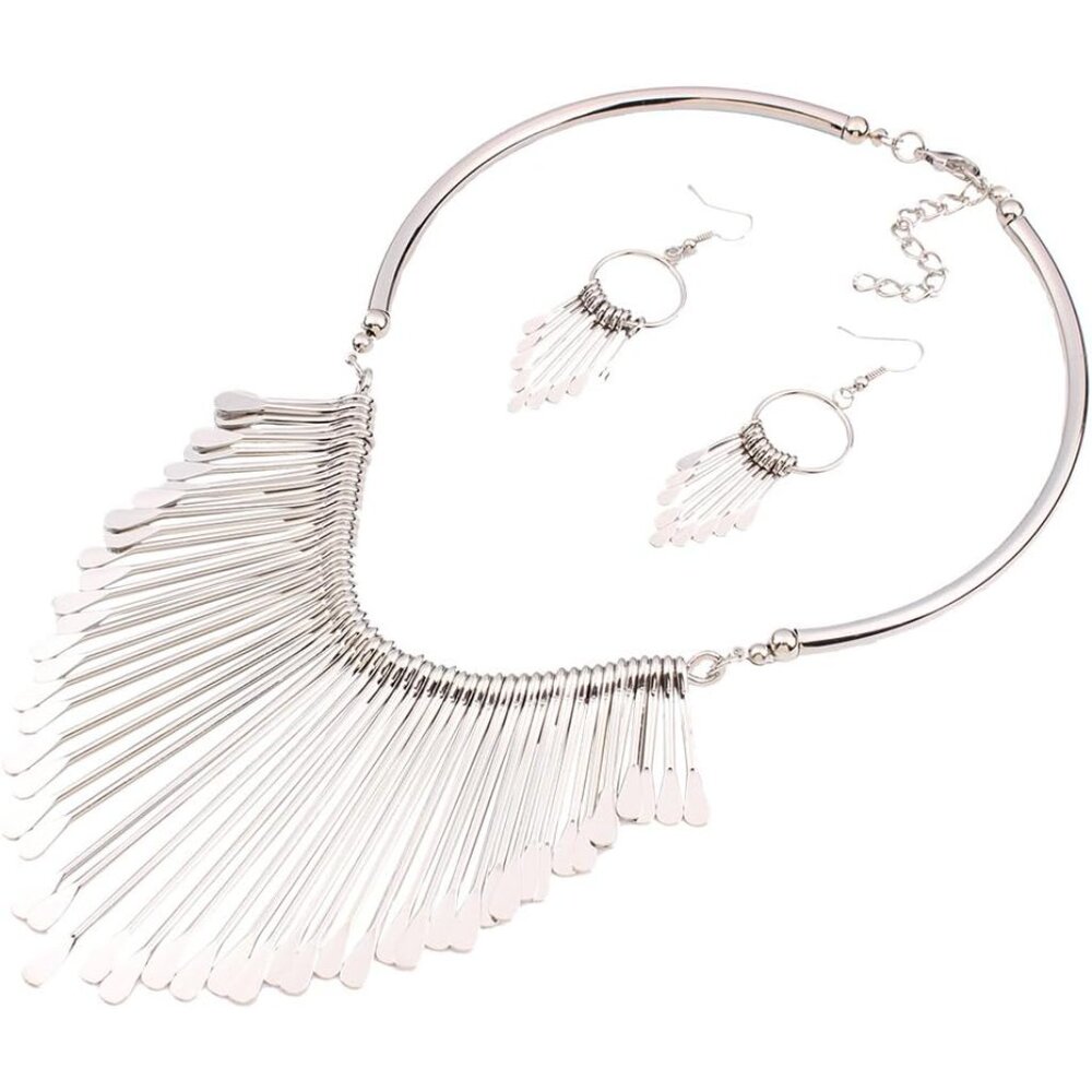 Women Ethnic Style Tassel Drop Pendant False Collar Statement Necklace Earrings